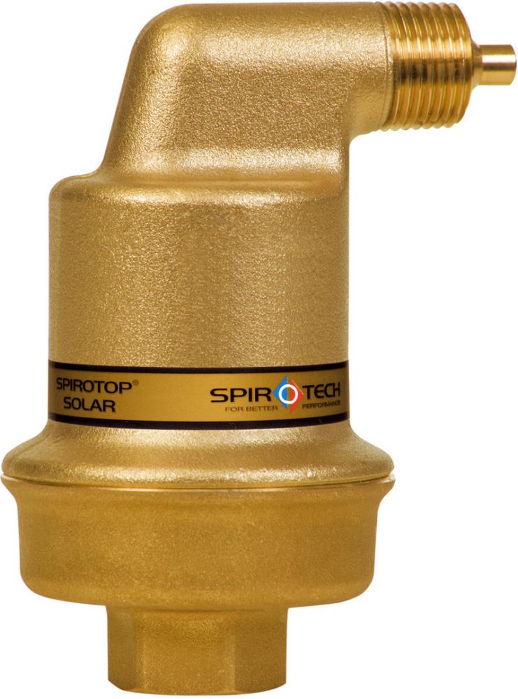 Installation-Spirotech-Luftabscheider-Spirotop-Solar-1/2"-AB050/008 Spirotech-Luftabscheider aus Messing senkrecht aufgesellt mit Anschluss oben rechts und unten sowie