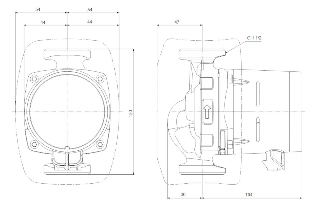 Grundfos ALPHA2 25-40 130mm, technische Zeichnung, Abmessungen, auf weißem Hintergrund
