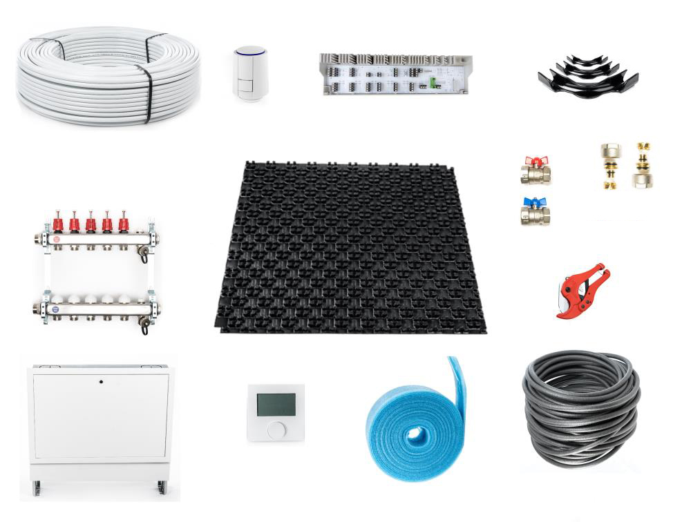 10 - 130 m² Set Noppensystem – 30-2 mm Dämmung EPS WLG 040 – mit Trittschalldämmung – ALU 16×2 – VA 10 – mit Regeltechnik