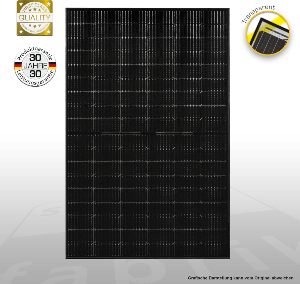 Solar-Modul Solar Fabrik Mono S4 IVP 425W, Frontalansicht, Qualitätssiegel, vor weißem Hintergrund