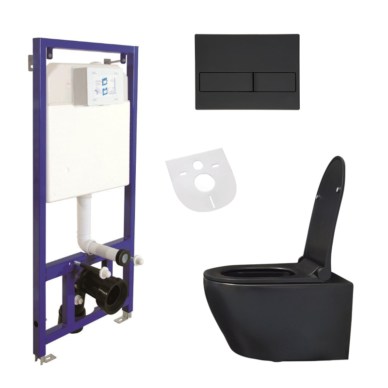 WC-Komplettset Belvit Spülrandloses Hänge-WC mit Softclose-Deckel, Vorwandelement, Betätigungsplatte