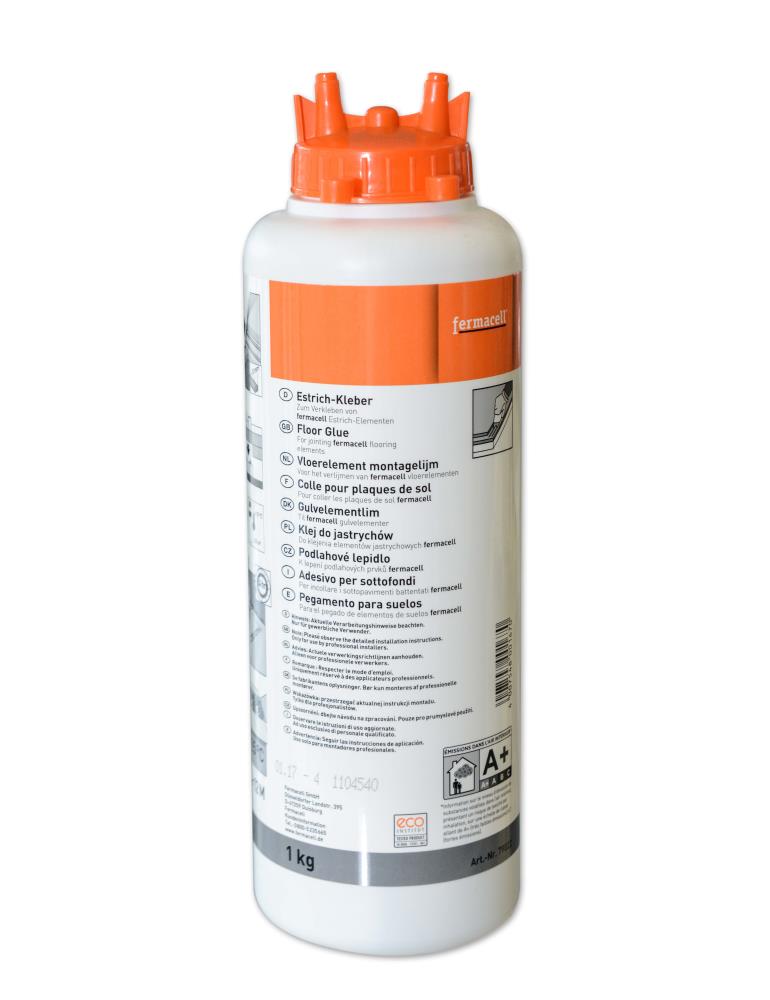 Estrichkleber Fixierung von Gipsfaserplatten, 1 kg | Home Perfect Flasche Estrichkleber zur Fixierung von Gipsfaserplatten 1 kg, Frontansicht vor weißem Hintergrund