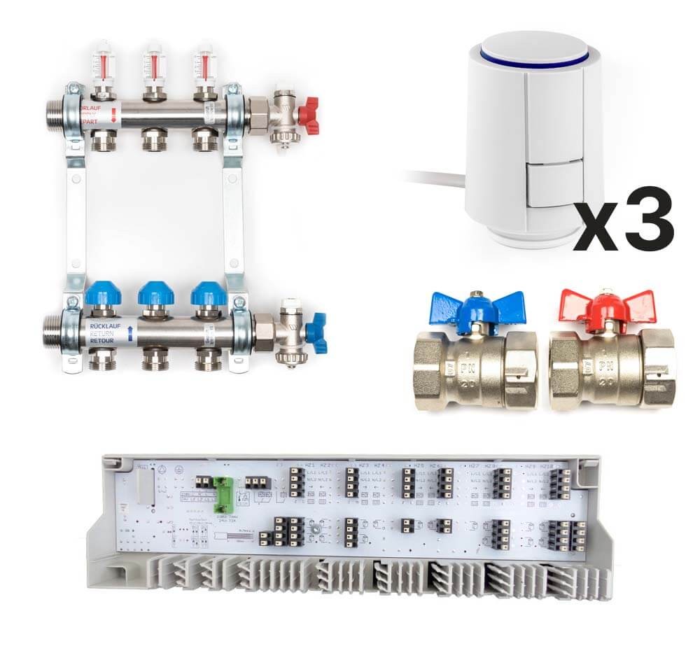 Dynamischer Heizkreisverteiler «Premium» mit automatischer Durchflussregelung im Komplett-Set, 3 Heizkreise Dynamischer Heizkreisverteiler «Premium» mit automatischer Durchflussregelung im Komplett-Set, 3 Heizkreise