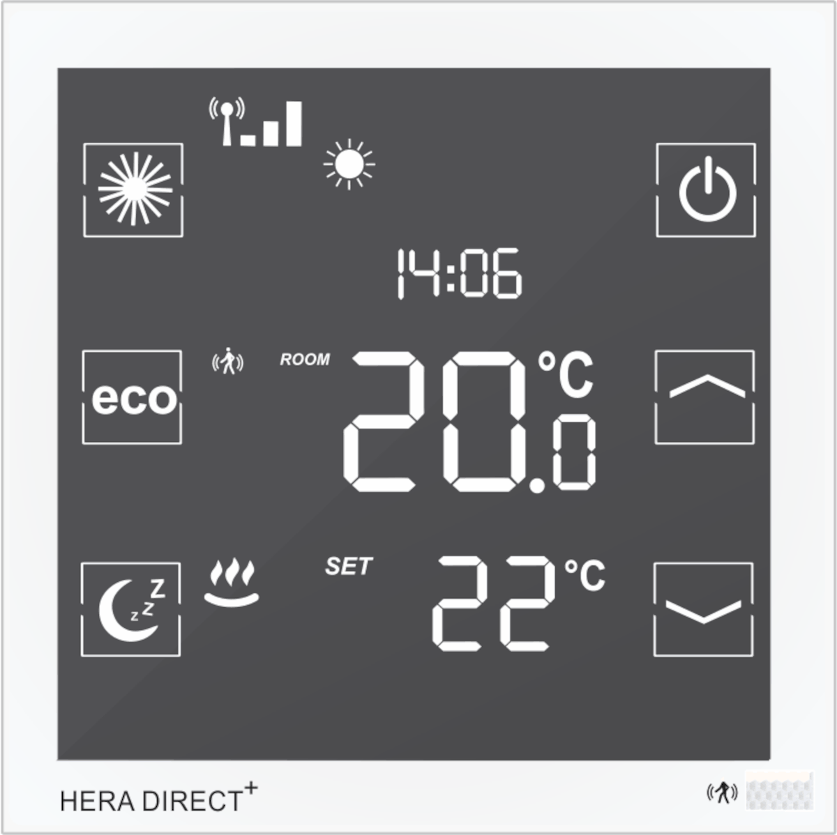 Blossom IC Hera Direct+ Raumthermostat, für Fan Coil, weiß HFCW-6311, Frontalansicht, Grafik