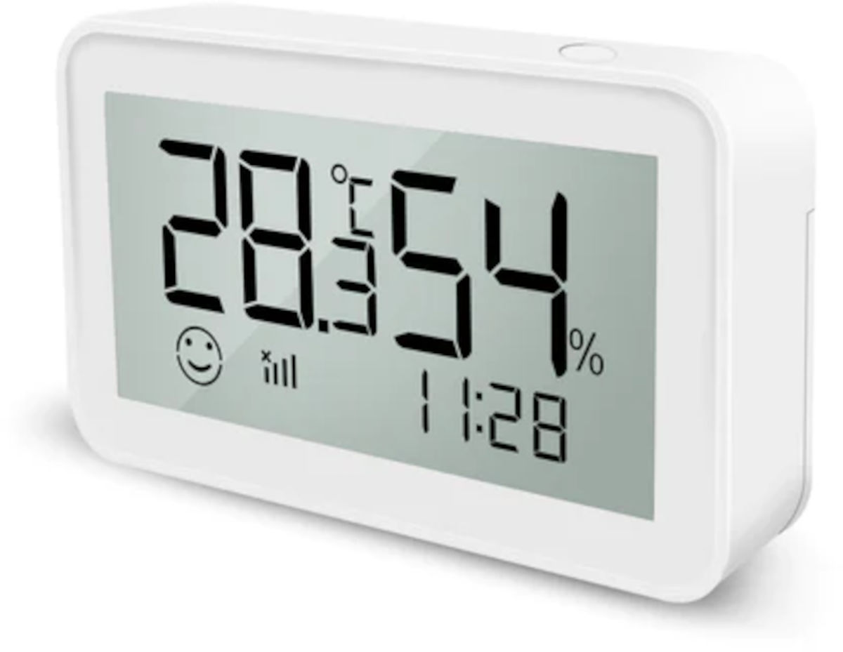 Smart Home Temperatur- & Luftfeuchtigkeitssensor, Seitenansicht rechts, auf weißem Hintergrund