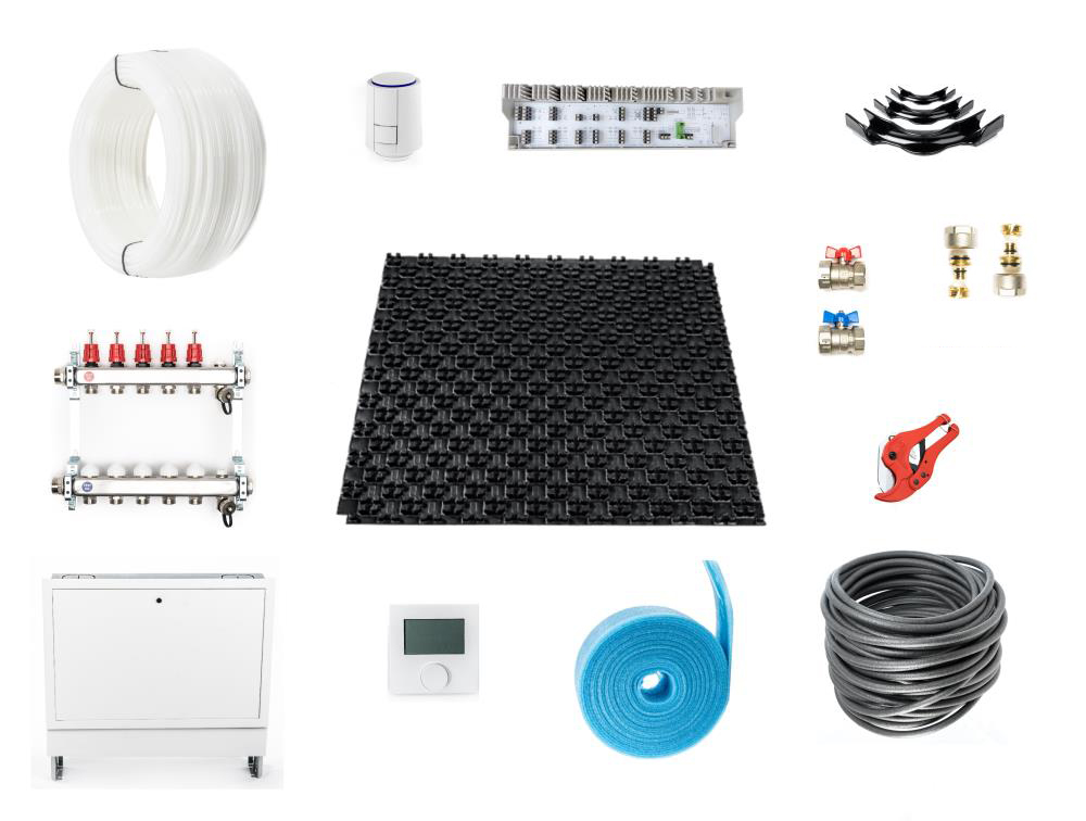 10 - 130 m² Set Noppensystem – 30-2 mm Dämmung EPS WLG 040 – mit Trittschalldämmung – PE-RT 16×2 – VA 10 – mit Regeltechnik