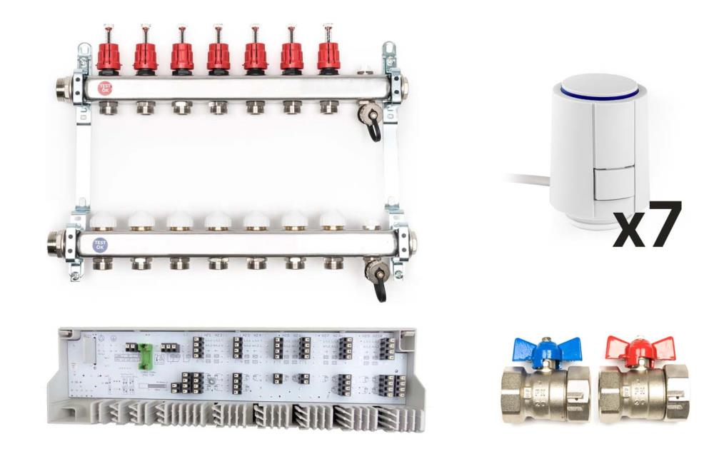 Dynamischer Heizkreisverteiler «Premium» mit automatischer Durchflussregelung im Komplett-Set, 7 Heizkreise Dynamischer Heizkreisverteiler «Premium» mit automatischer Durchflussregelung im Komplett-Set, 7 Heizkreise