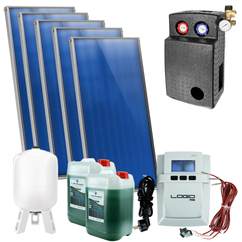 Sunex AMP 2.0 Komplettset 5 Flachkollektoren Flachdach | Home Perfect Sunex AMP 2.0 Komplettset 5 Flachkollektoren Flachdach, Außdehnungsgefäß, vor weißem Hintergrund