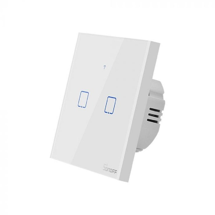 SONOFF WiFi Smart Wandschalter - 2 Taster, vor weißem Hintergrund, Seitenansicht