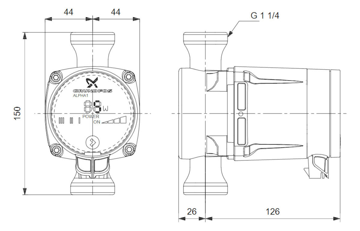 Grundfos ALPHA1 20-45 N, 150mm, Technische Zeichnung, Abmessungen