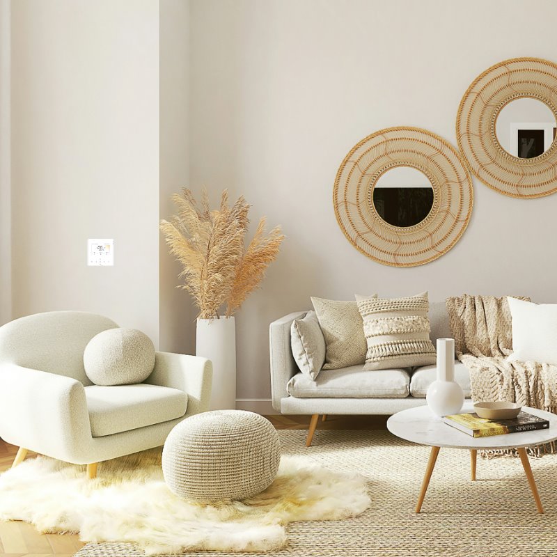 Clivet Bedieneinheit für Edge F weiß, im Wohnzimmer an der Wand, Moodbild