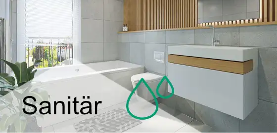 helles Badezimmer mit Schriftzug Sanitär