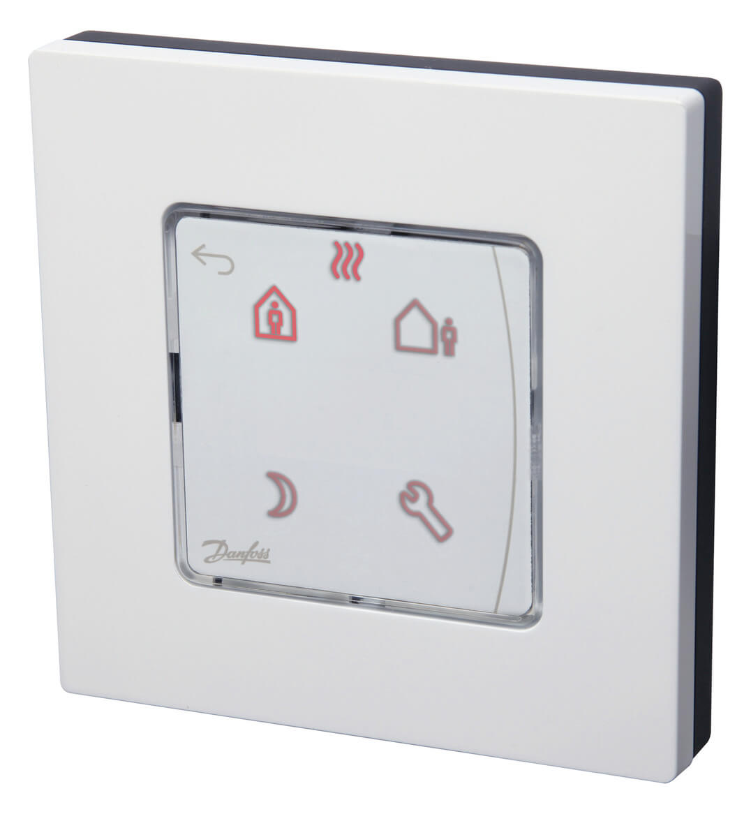 Regeltechnik-Danfoss-Raumthermostat-Icon-230-V-Aufputz-programmierbar Quadratisches programmierbares Raumthermostat aus weißem Kunststoffgehäuse mit Display in der Mitte