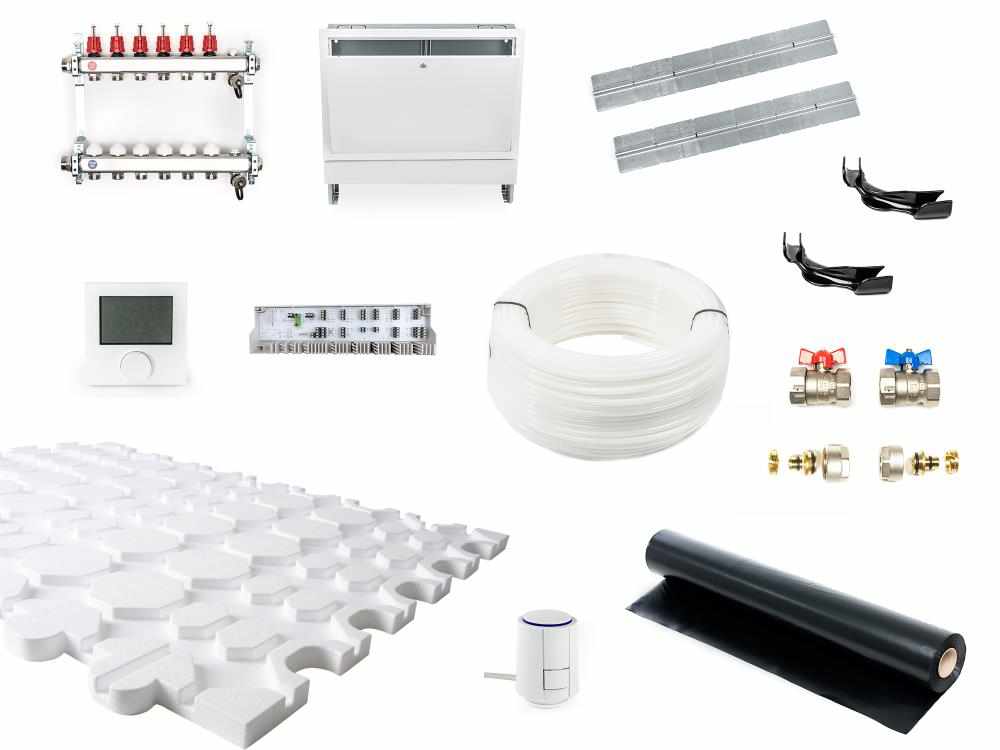 30 m² Trockenbau Fußbodenheizung Set – PE-RT 14×2 – VA 12,5 – 25 mm Systemplatte + Wärmeleitbleche – mit Regeltechnik