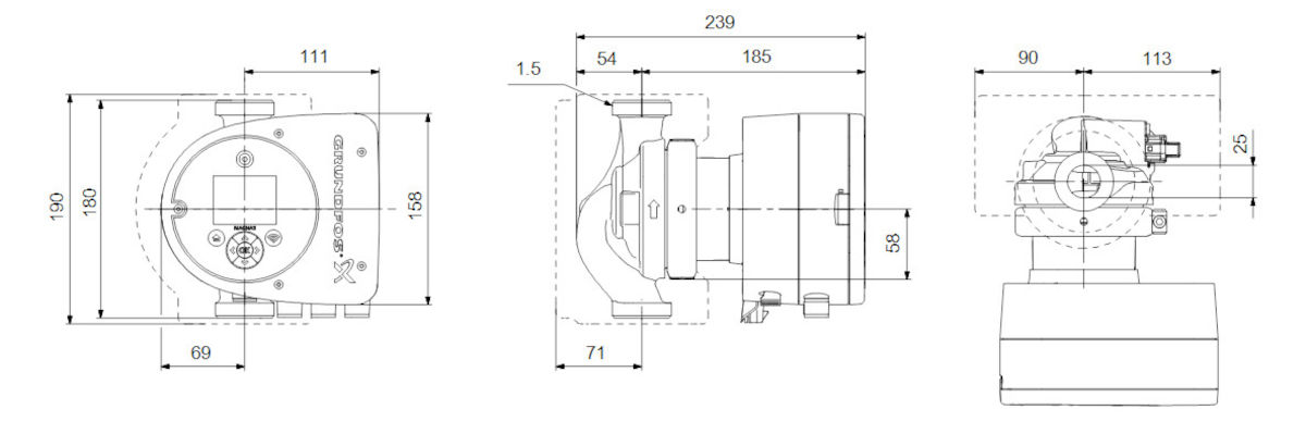 Grundfos MAGNA3, 32-120, 180mm | Home Perfect Grundfos MAGNA3, 32-120, 180mm, technische Zeichnung, auf weißem Hintergrund