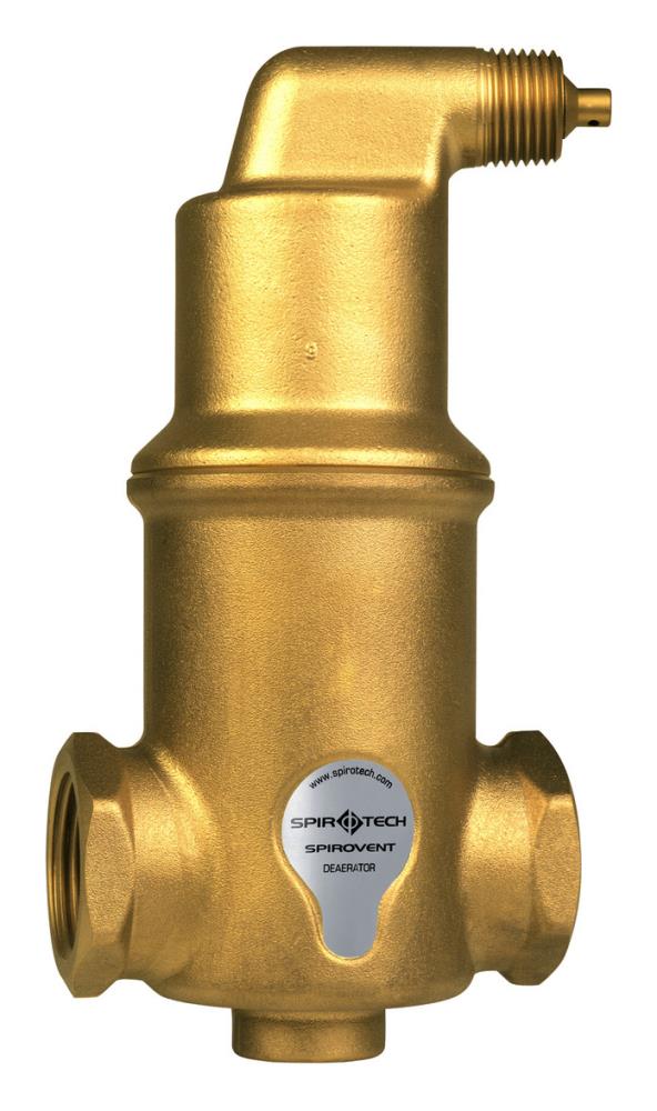 Installation-Spirotech-Luftabscheider-Spirovent-1"-IG-AA100 Spirotech-Luftabscheider aus Messing senkrecht aufgesellt mit Anschlüssen links- und rechtsseitig so