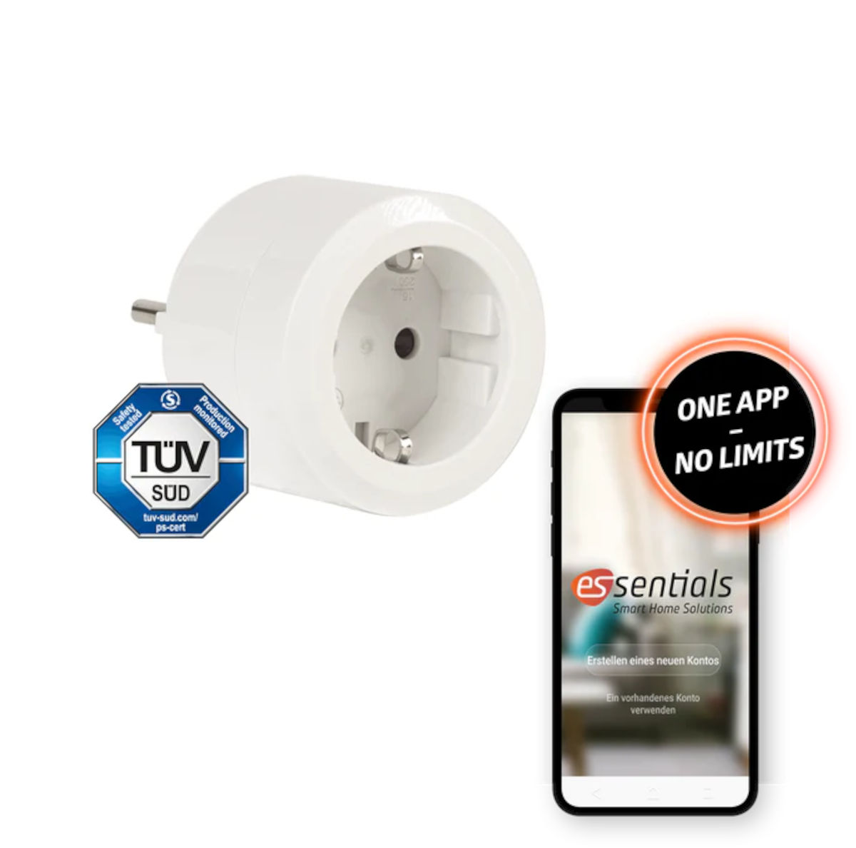 Smart Home Schaltsteckdose 16 A, Darstellung mit App, auf weißem Hintergrund