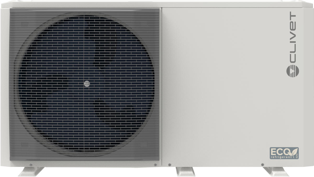 Clivet MONOBlock-Wärmepumpe Edge F 4.1, 8,40 kW, R290, Frontalansicht, vor weißem Hintergrund