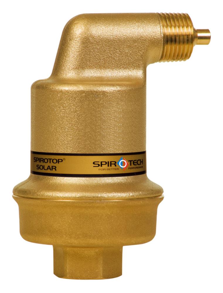 Installation-Spirotech-Luftabscheider-Spirotop-Solar-1/2"-IG-Autoclose Spirotech-Luftabscheider aus Messing senkrecht aufgesellt mit Anschluss oben rechts und unten sowie