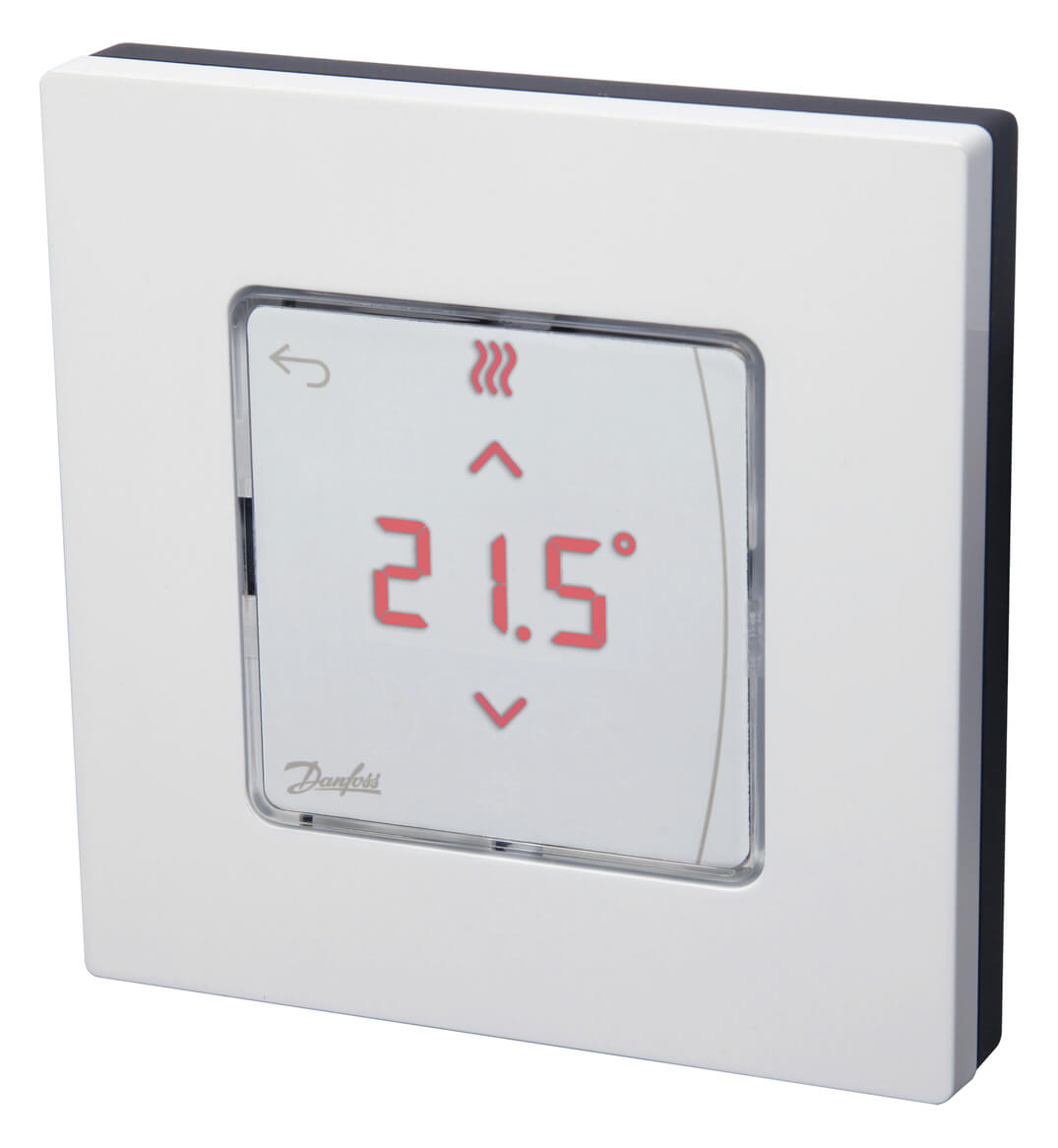 Regeltechnik-Danfoss-Raumthermostat-Icon-230-V-mit-Display-Aufputz Quadratisches Raumthermostat aus weißem Kunststoffgehäuse mit Display in der Mitte zum Einstellen de