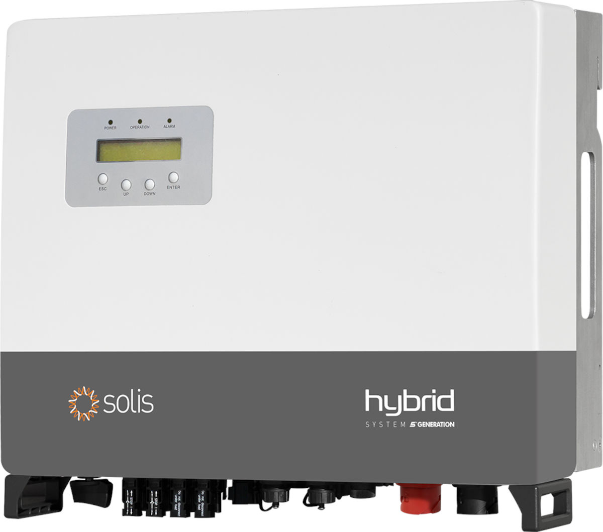 Solis Hybrid-Wechselrichter RHI-3P5K, Seitenprofilansicht, auf weißem Hintergrund