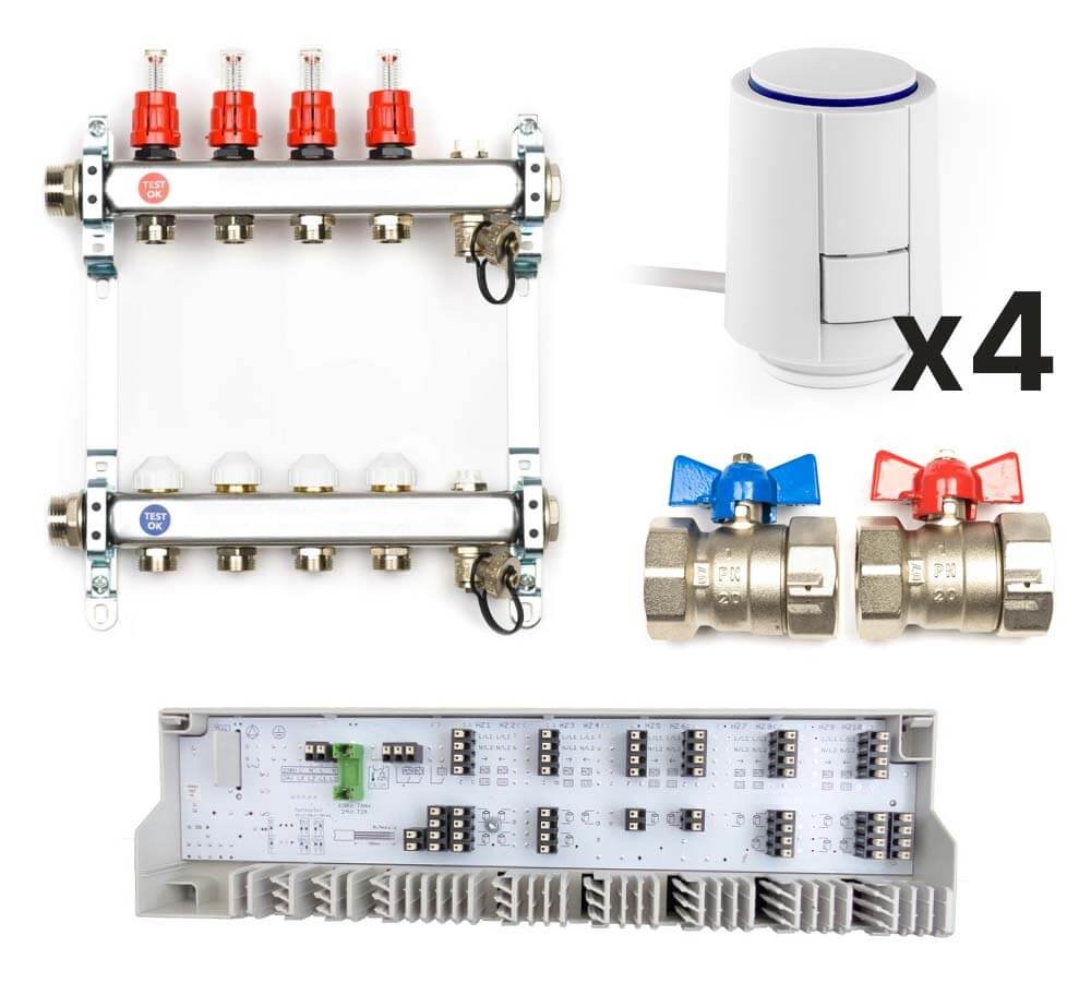 Edelstahl Heizkreisverteiler Komplett-Set, 4 Heizkreise Edelstahl Heizkreisverteiler Komplett-Set, 4 Heizkreise