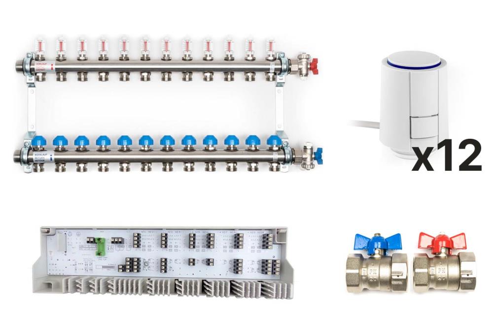 Dynamischer Heizkreisverteiler «Premium» mit automatischer Durchflussregelung im Komplett-Set, 12 Heizkreise Dynamischer Heizkreisverteiler «Premium» mit automatischer Durchflussregelung im Komplett-Set, 12 Heizkreise
