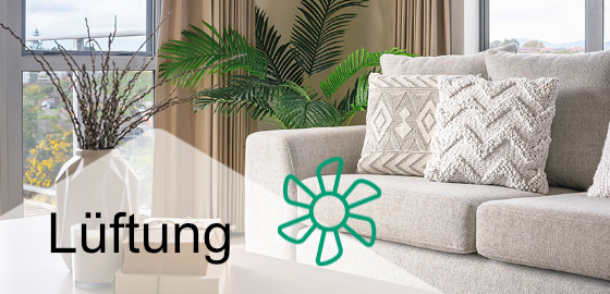 Kategorie-Teaser Lueftung Sofa und Pflanzen mit Schriftzug Lüftung