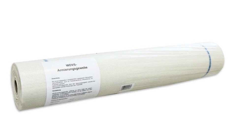 Glasarmierungsgewebe für Gipsputze 50 m² | Home Perfect Glasarmierungsgewebe für Gipsputze 50 m² Rolle, Seitenansicht vor weißem Hintergrund