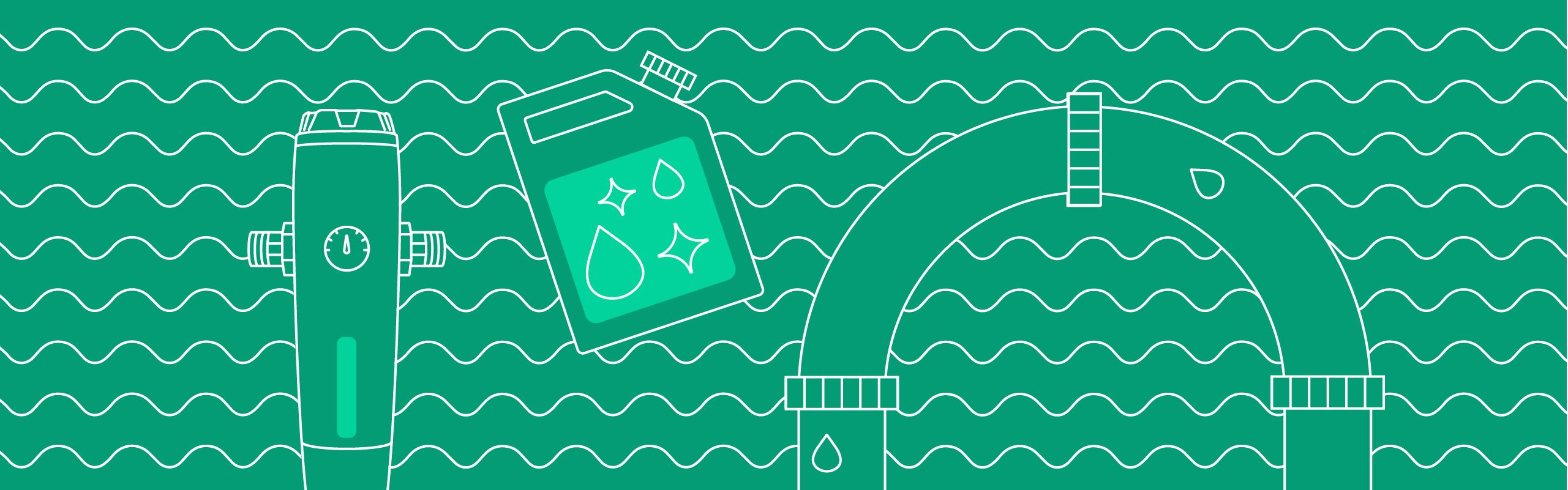 Kategorie-Header Wasseraufbereitung mobil weiße Icons zum Thema Wasseraufbereitung auf grünem Hintergrund