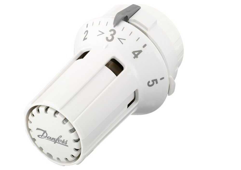 Danfoss Thermostatkopf in weiß mit grauer Zahlenbeschriftung und grauem Logoaufdruck