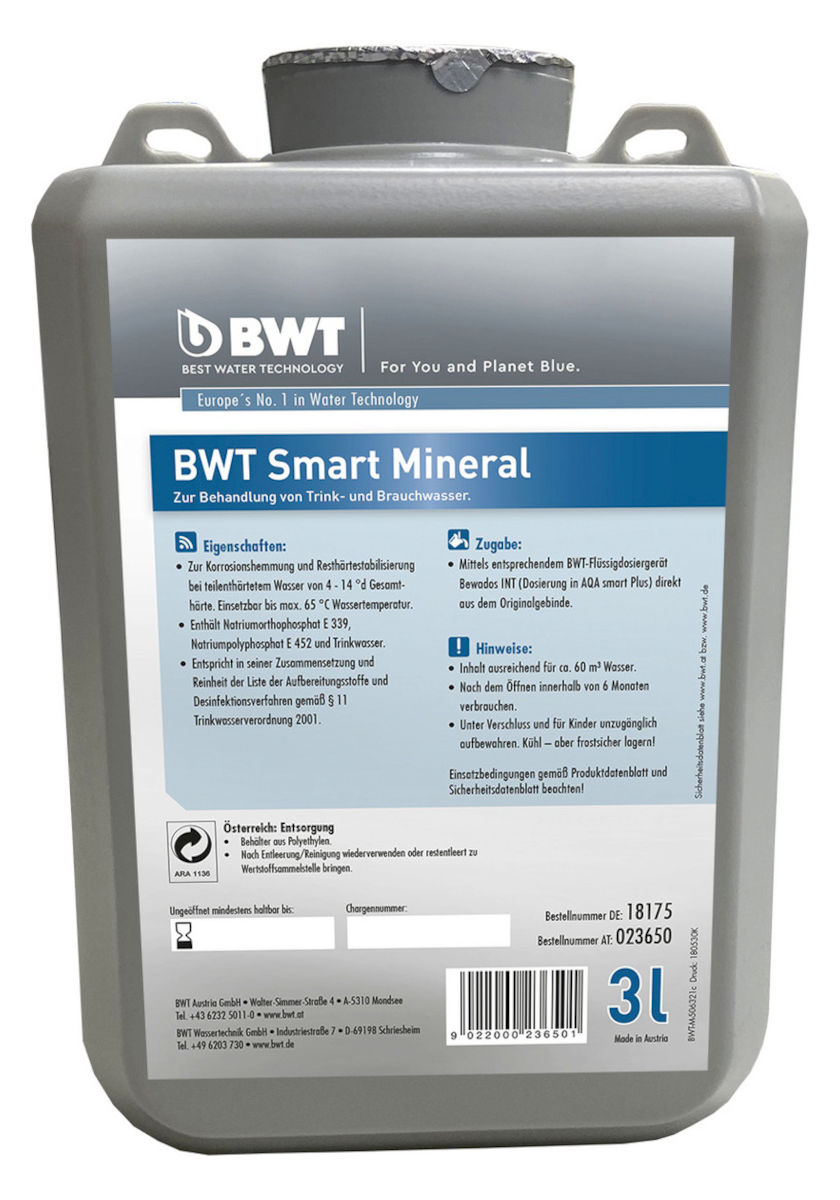 BWT Smart Mineral Dosiermittel 3 L für AQA Smart Plus, Frontansicht, vor weißem Hintergrund