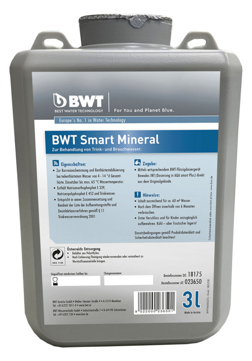 BWT Smart Mineral Dosiermittel 3 L für AQA Smart Plus | Home Perfect BWT Smart Mineral Dosiermittel 3 L für AQA Smart Plus, Frontansicht, vor weißem Hintergrund