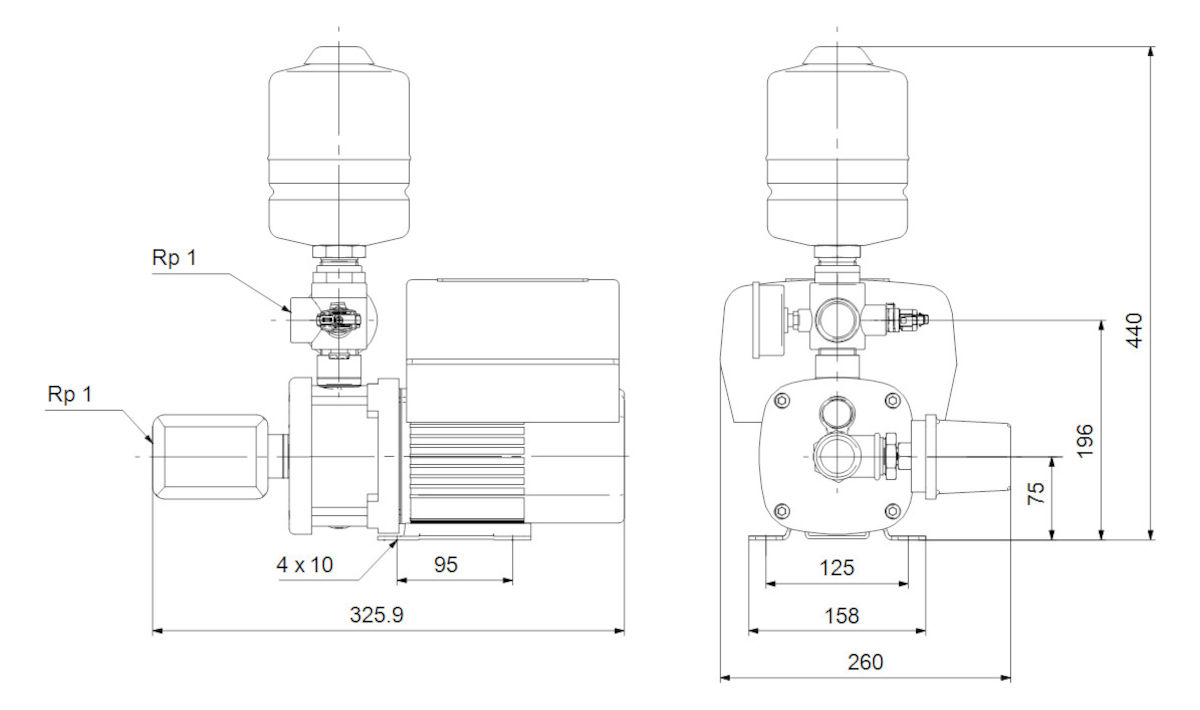 Grundfos Druckerhöhungsanlage Hydro Mono, technische Zeichnung, Abmessungen