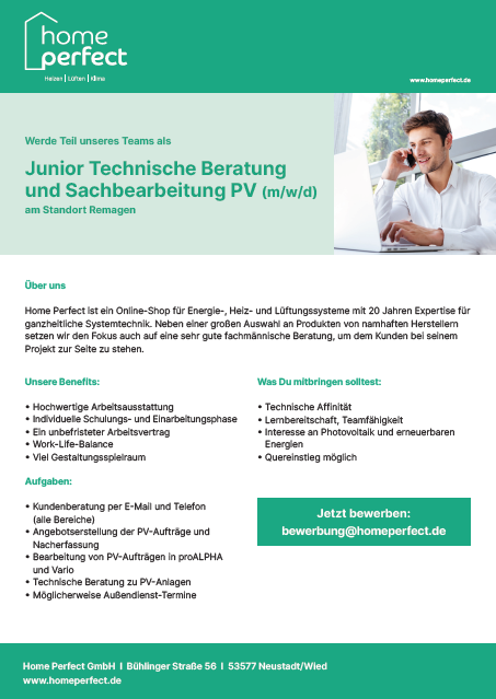 (Junior) Technische Beratung und Sachbearbeitung PV (w/m/d)