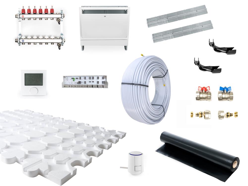 10 m² Trockenbau Fußbodenheizung Set - ALU 14x2 - VA 12,5 - 25 mm Systemplatte + Wärmeleitbleche - mit Regeltechnik