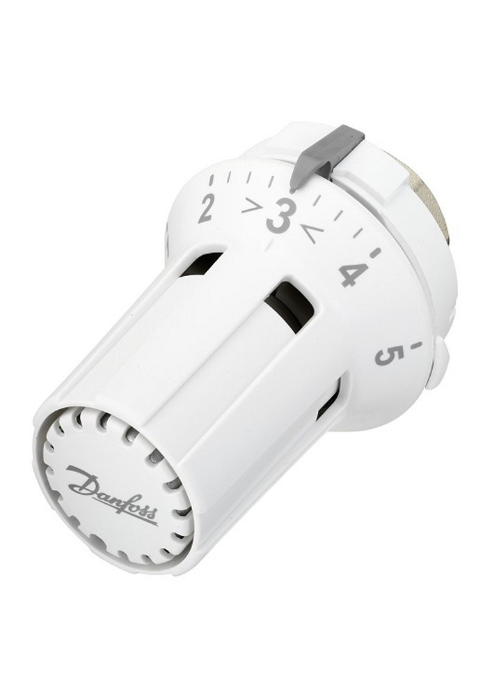 Danfoss Thermostatkopf in weiß mit grauer Zahlenbeschriftung und grauem Logoaufdruck
