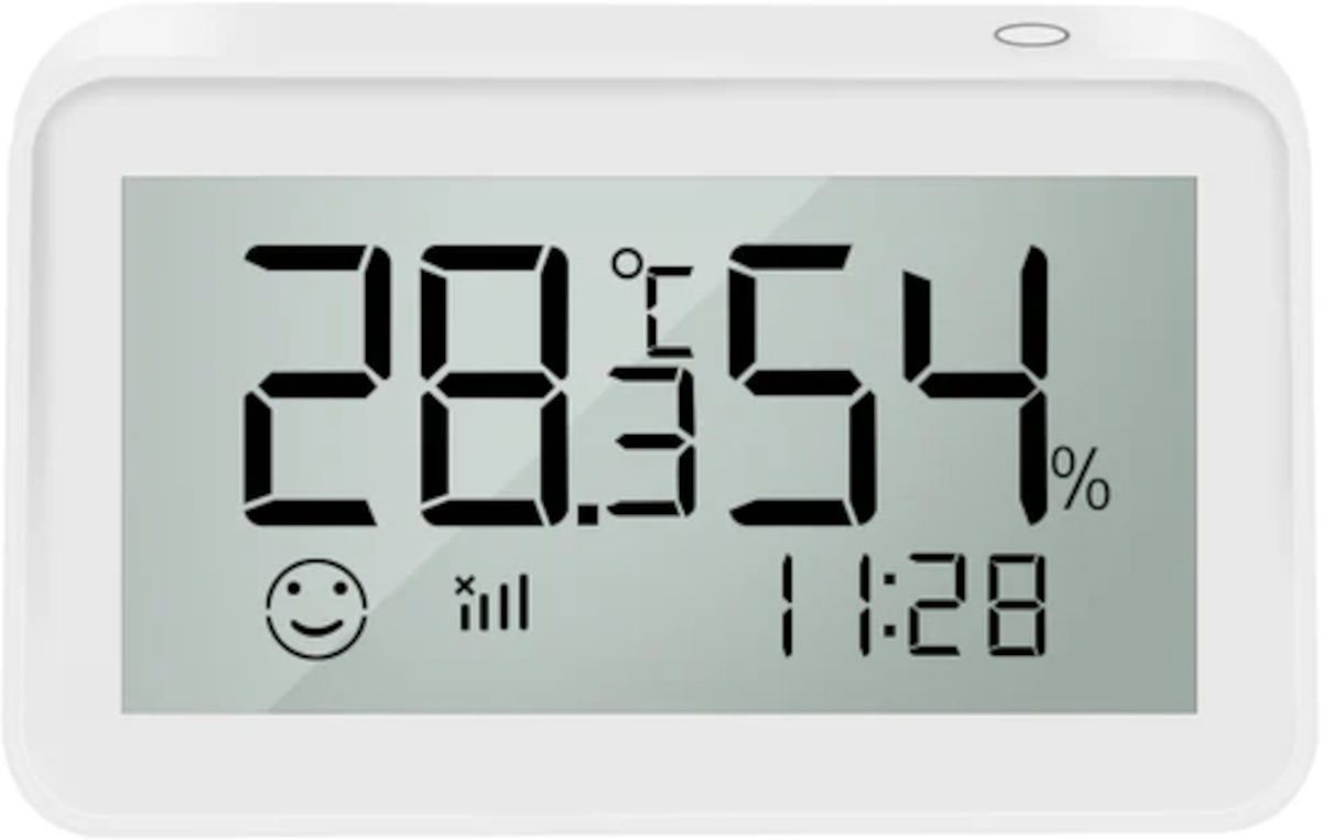Smart Home Temperatur- & Luftfeuchtigkeitssensor, Frontalansicht, auf weißem Hintergrund