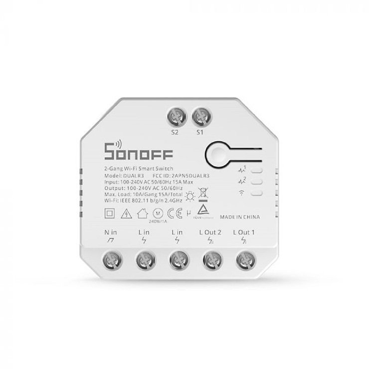 SONOFF Dual R3 Lite 2-Gang Smart Switch, vor weißem Hintergrund, Frontansicht