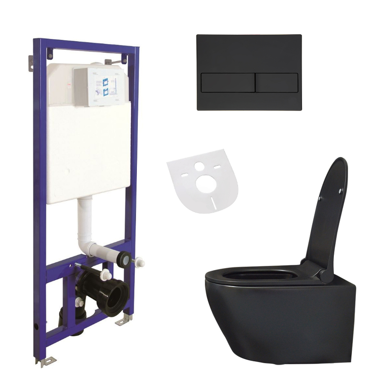 WC-Komplettset Belvit Spülrandloses Hänge-WC mit Softclose-Deckel, Vorwandelement, Betätigungsplatte WC-Komplettset Belvit Spülrandloses Hänge-WC mit Softclose-Deckel, Vorwandelement, Betätigungsplatte