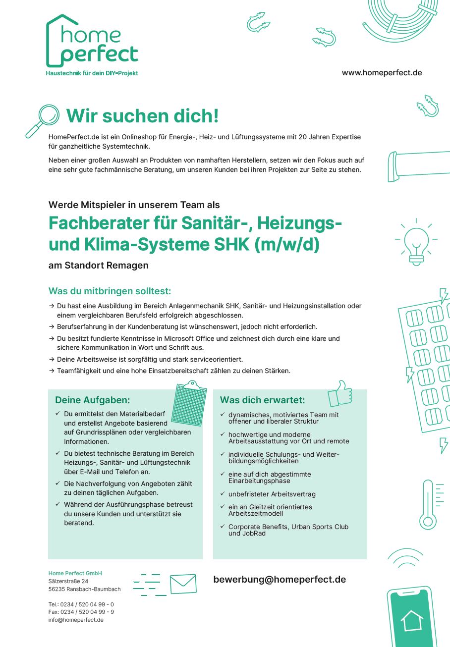 Fachberater für Sanitär-, Heizungsund Klima-Systeme SHK (m/w/d)