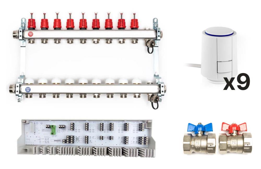 Edelstahl Heizkreisverteiler Komplett-Set, 9 Heizkreise Edelstahl Heizkreisverteiler Komplett-Set, 9 Heizkreise