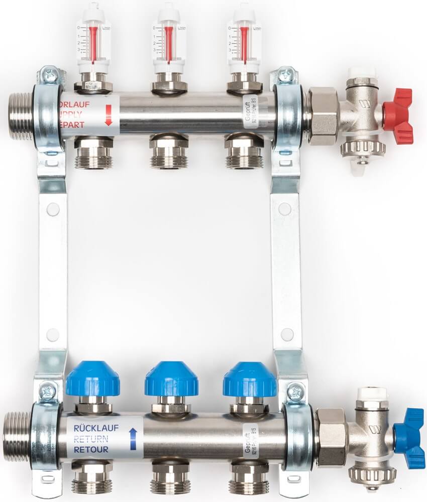 Dynamischer Heizkreisverteiler «Premium» mit automatischer Durchflussregelung im Komplett-Set, 3 Heizkreise