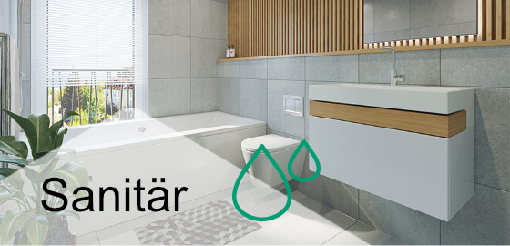 Kategorie-Teaser Sanitaer modernes Badezimmer mit Schriftzug Sanitär