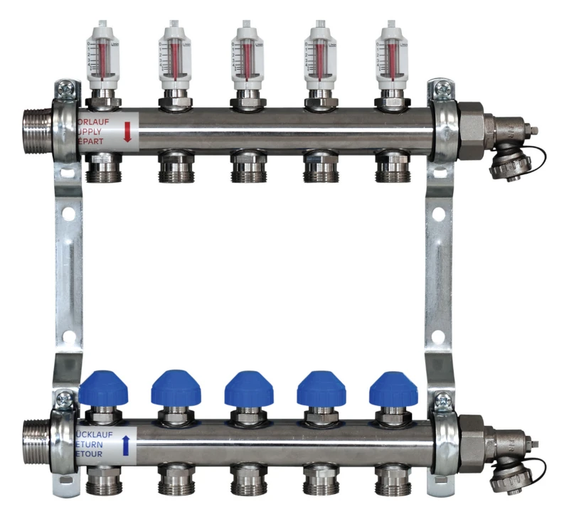 2-er Premium Heizkreisverteiler aus Edelstahl, mit DFM | 220 mm Länge