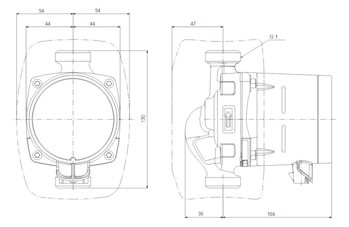 Grundfos ALPHA2 15-60, 130mm | Home Perfect Grundfos ALPHA2 15-60 130mm, technische Zeichnung, Abmessungen