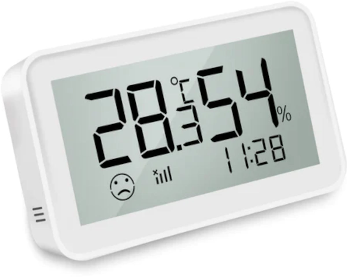 Smart Home Temperatur- & Luftfeuchtigkeitssensor, Seitenansicht links, auf weißem Hintergrund