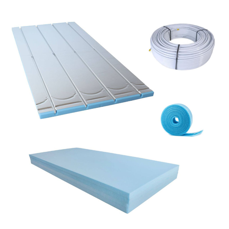 10-150 m² XPS Trockenbauset – Alu-Verbundrohr 16x2mm – mit Ausgleichsplatte – mit Randdämmstreifen