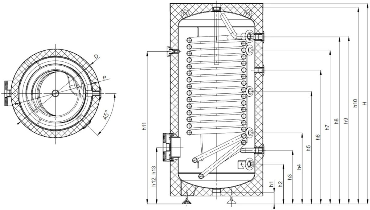 ZEWO Wärmepumpenspeicher 200l | HomePerfect ZEWO Wärmepumpenspeicher 200l, technische Zeichnung