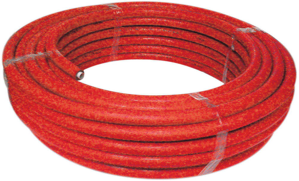 Metallverbundrohr 26x3 ROT, 20 mm vorisoliert 100% GEG, 50m Rolle | Home Perfect Metallverbundrohr 26x3 ROT, 20 mm vorisoliert 100% GEG, 50m Rolle, vor weißem Hintergrund
